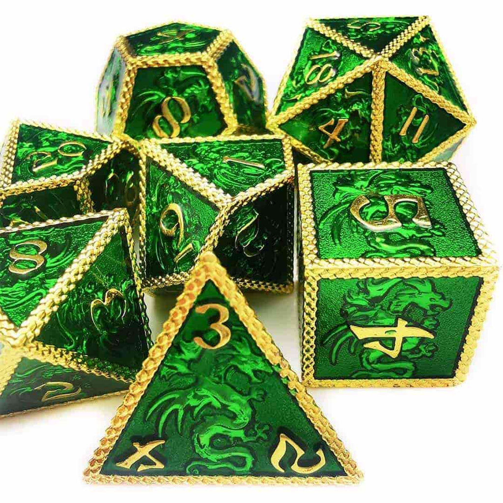 Green And Gold Metal Dragons Dice Set - Image 1
