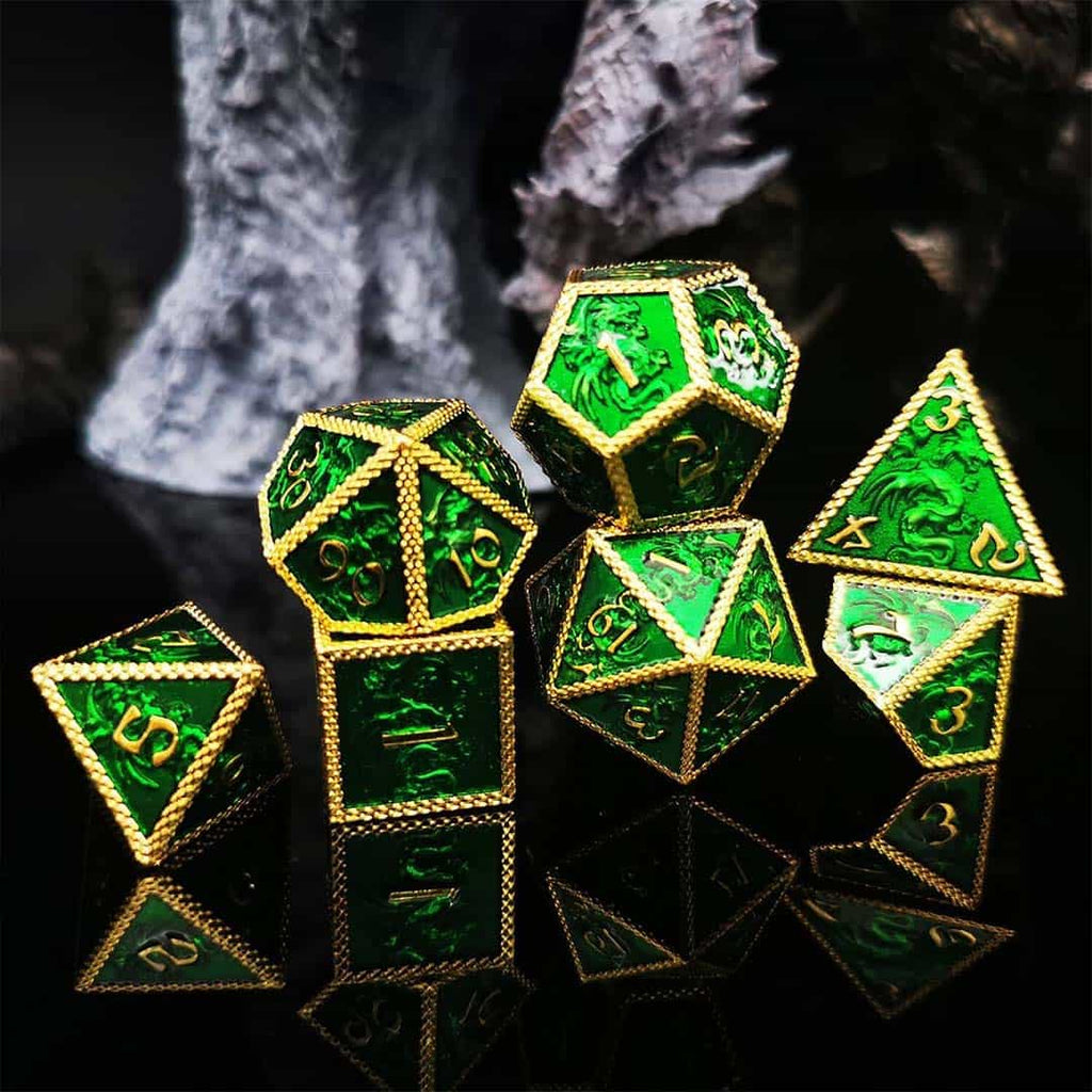 Green And Gold Metal Dragons Dice Set - Image 2