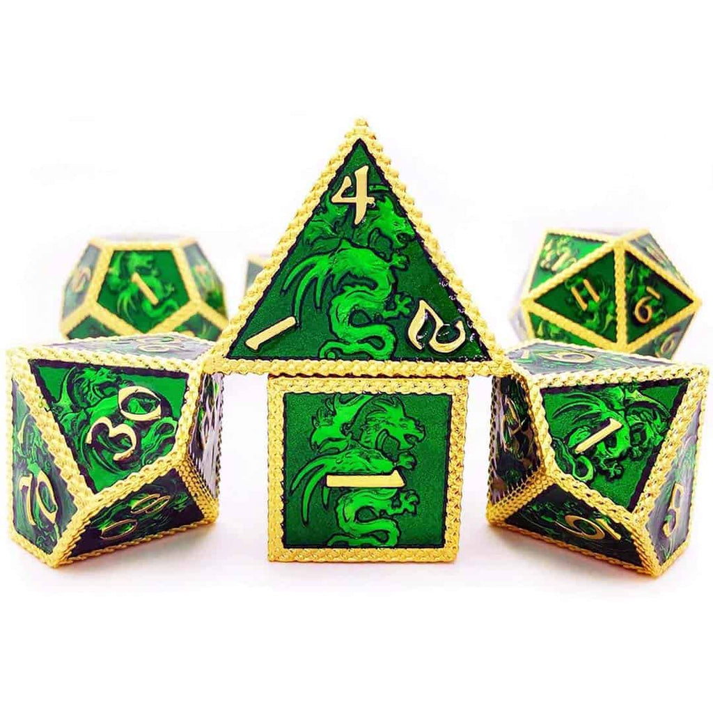 Green And Gold Metal Dragons Dice Set - Image 3