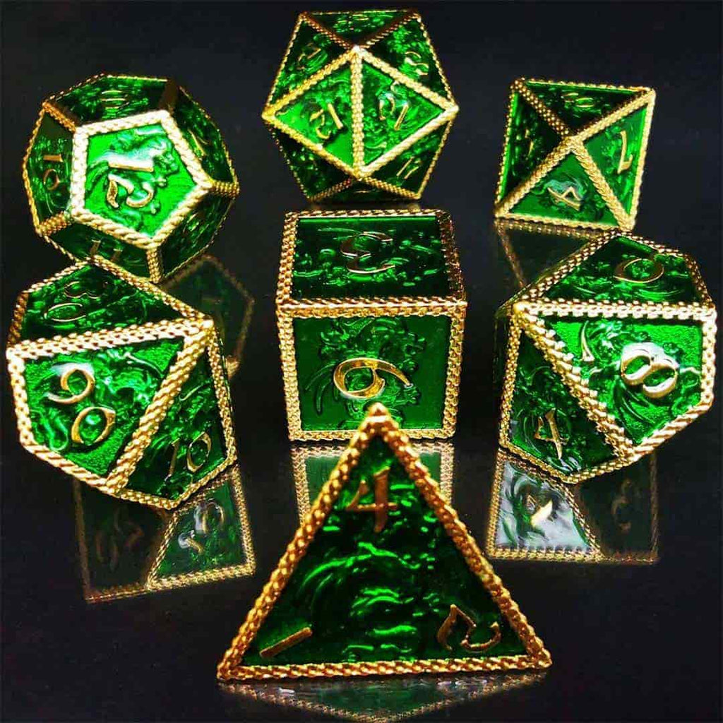 Green And Gold Metal Dragons Dice Set - Image 4