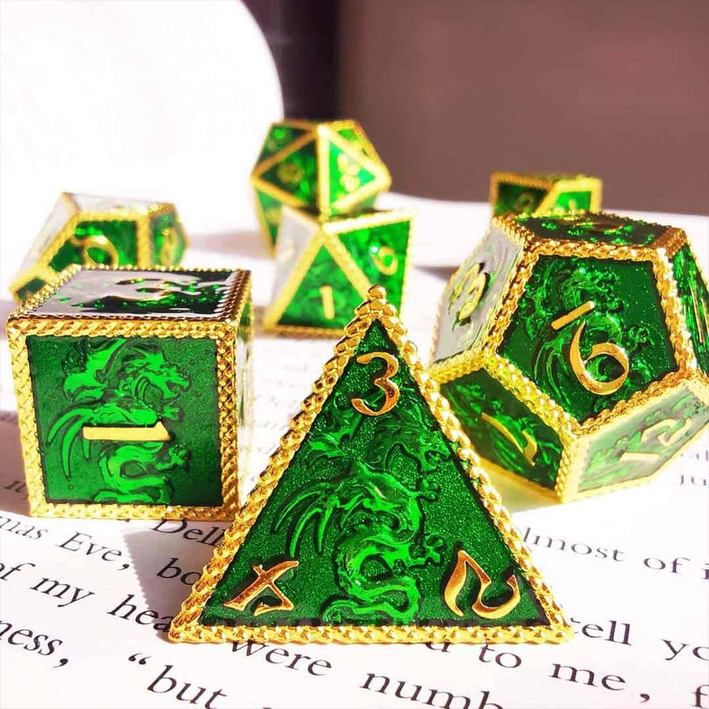 Green And Gold Metal Dragons Dice Set - Image 6
