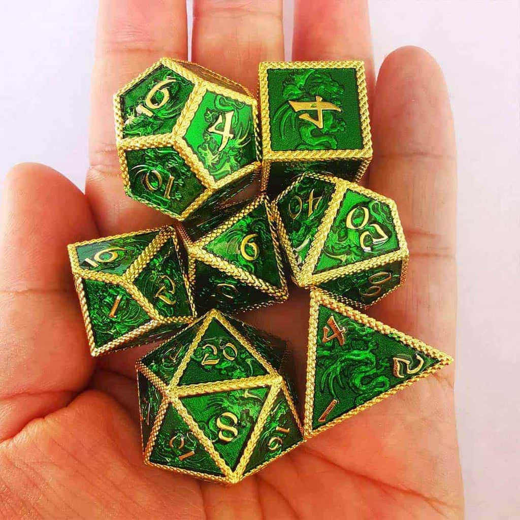 Green And Gold Metal Dragons Dice Set - Image 7