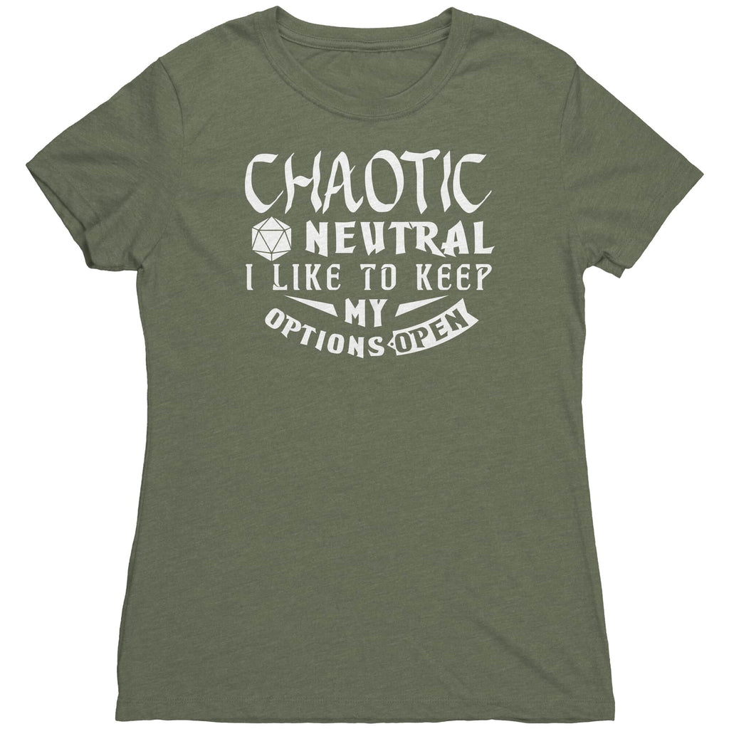 Chaotic Neutral Womens Shirt Military Green Mockup